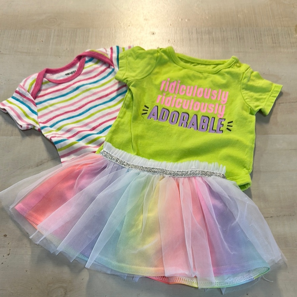 3 piece bundle of Colorful fun outfits. Two onesies and one tutu skirt w/ panty